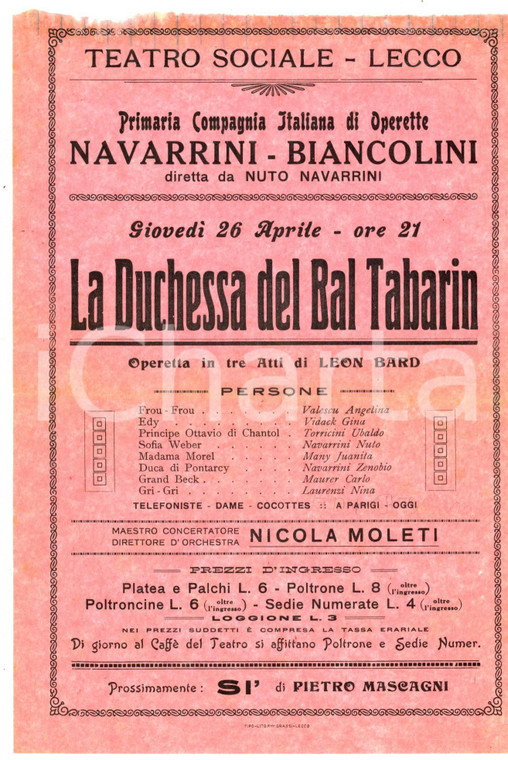 1923 LECCO TEATRO SOCIALE Compagnia NAVARRINI Duchessa del Bal Tabarin Locandina