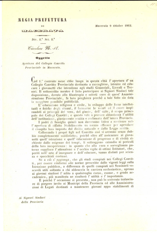 1862 MACERATA Apertura del Collegio Convitto Provinciale - Lettera circolare
