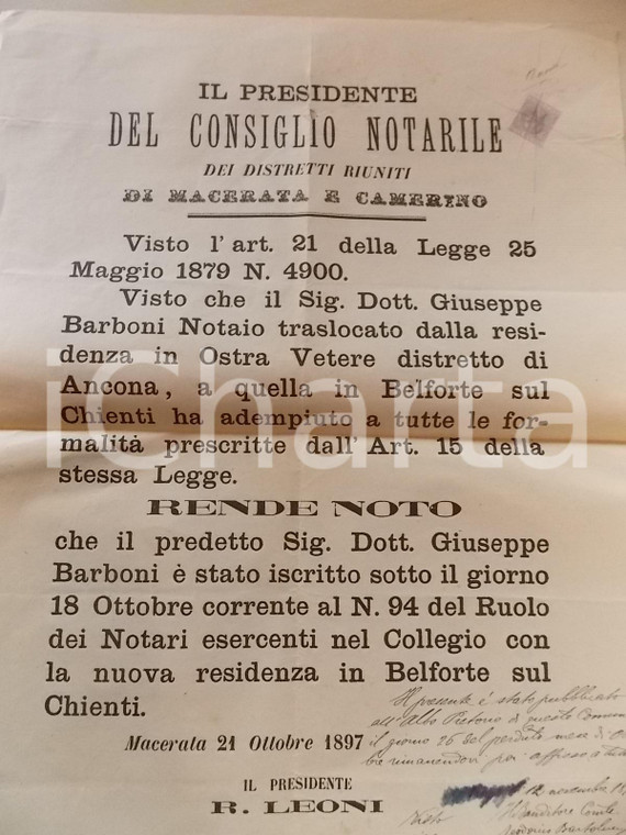 1897 BELFORTE SUL CHIENTI (MC) Iscrizione Giuseppe BARBONI  al ruolo dei notai