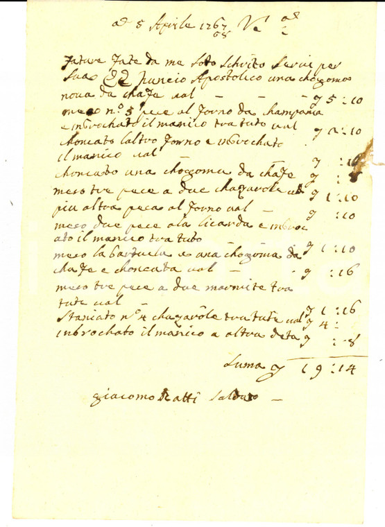 1767 VENEZIA Conto operaio Giacomo RATTI per lavori al forno *Manoscritto