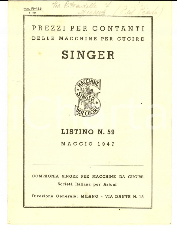 Maggio 1947 MILANO Macchine da cucire SINGER Listino prezzi n. 59 *Opuscolo