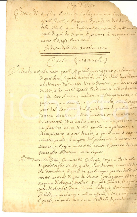 1752 REGNO DI SARDEGNA Editto CARLO EMANUELE III censi beni di diretto dominio