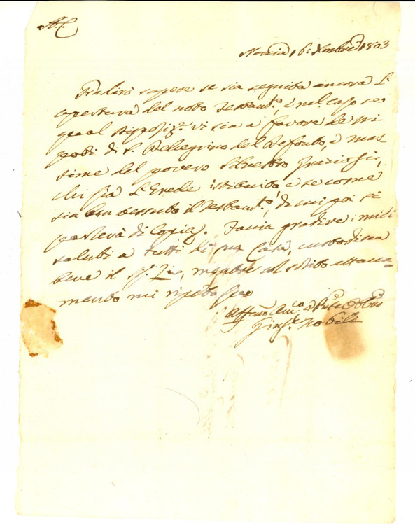 1803 NORCIA (PG) Giuseppe NOBILI chiede notizie su un legato testamentario