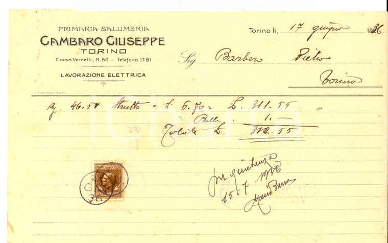 1936 TORINO Primaria Salumeria Giuseppe GAMBARO - Fattura intestata per strutto