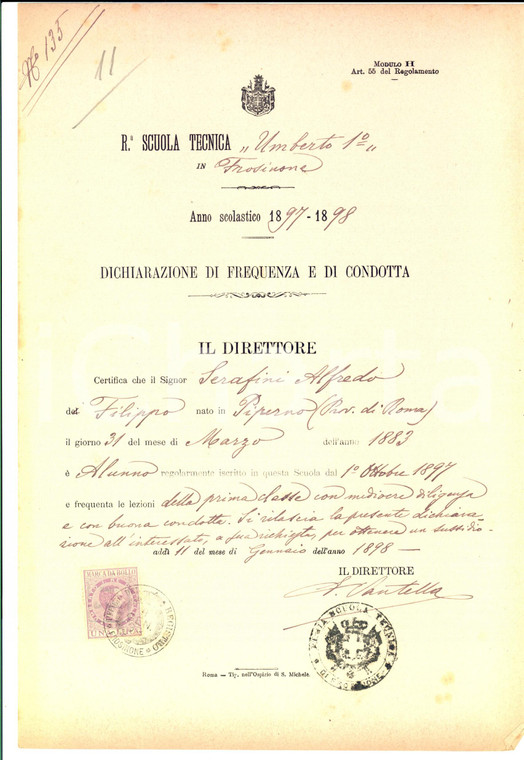 1898 FROSINONE Scuola UMBERTO I Attestato Alfredo SERAFINI buona condotta