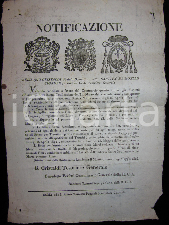 1824 FIERA DI SENIGALLIA Sulla riesportazione delle merci estere *Manifesto RARO