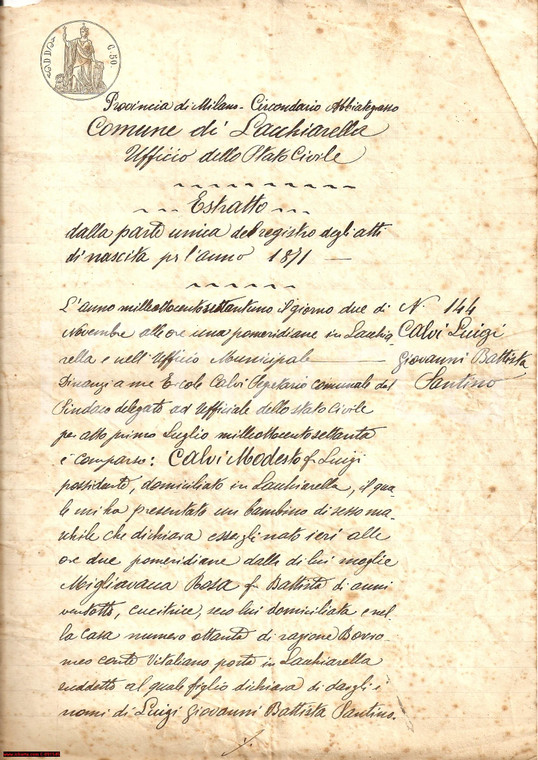 1871 LACCHIARELLA (MI) Atto di nascita di LUIGI CALVI