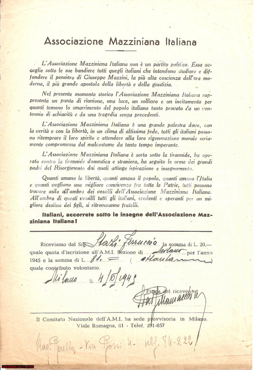 1945 MILANO Associazione MAZZINIANA sostiene REPUBBLICA