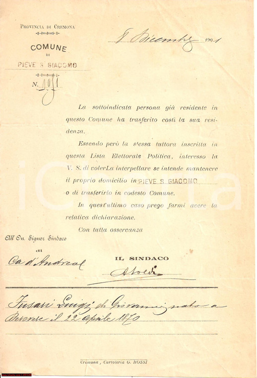 1901 PIEVE SAN GIACOMO (CR) Domicilio politico Luigi FUSARI