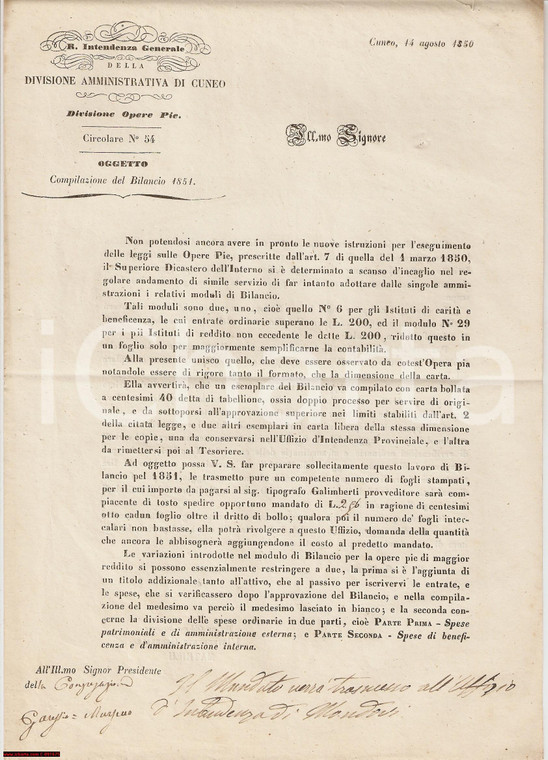 1850 CUNEO Norme per redazione bilancio congregazioni Opere Pie *Lettera