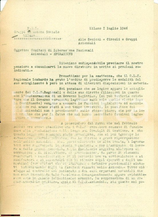 1946 MILANO Epurazioni Comitati LIBERAZIONE aziendali