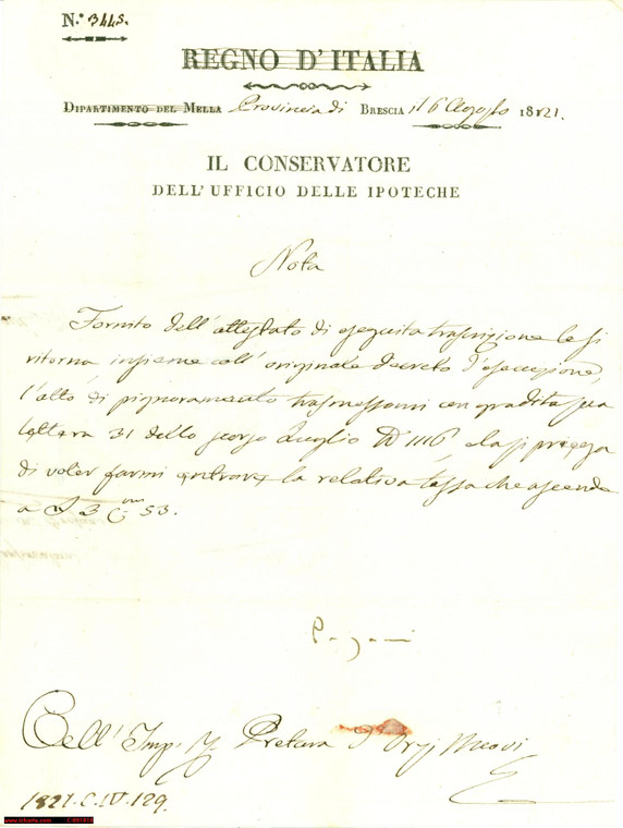 1821 ORZINUOVI (BS) Ex Regno Italia Dipartimento Mella