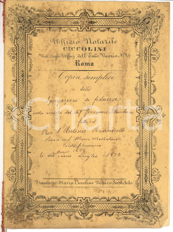 1867 ROMA Antonio BENNICELLI eredita Giovanni MORICHINI