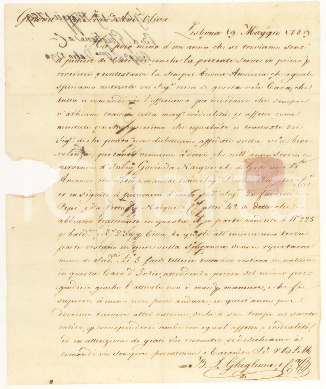 1789 LISBONA Commerci CASA DA INDIA con Francesco Andrea OLIVA *Lettera