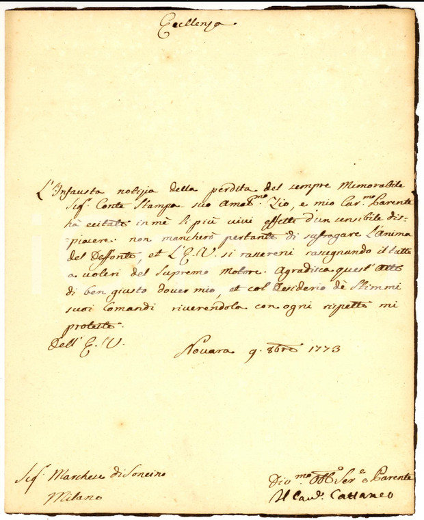 1773 NOVARA Condoglianze del nobile CATTANEO per STAMPA