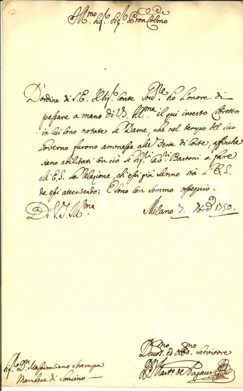 1750 MILANO Lettera al marchese STAMPA per dame ammesse alle feste di corte