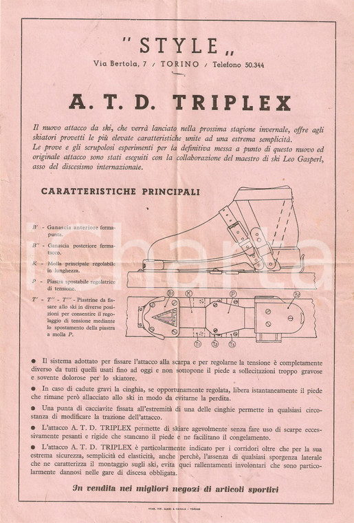 1950 ca TORINO 'STYLE' Attacco da sci A.T.D. Triplex  *Volantino pubblicitario