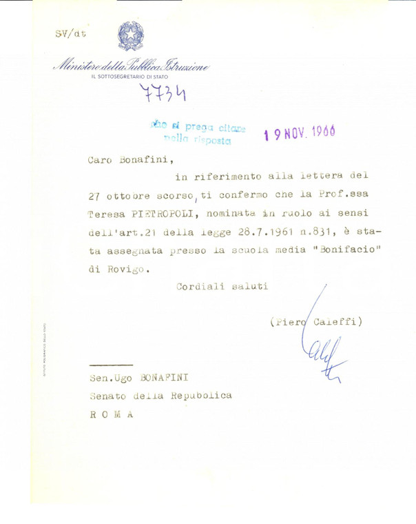 1966 ROMA Piero CALEFFI conferma nomina - Autografo