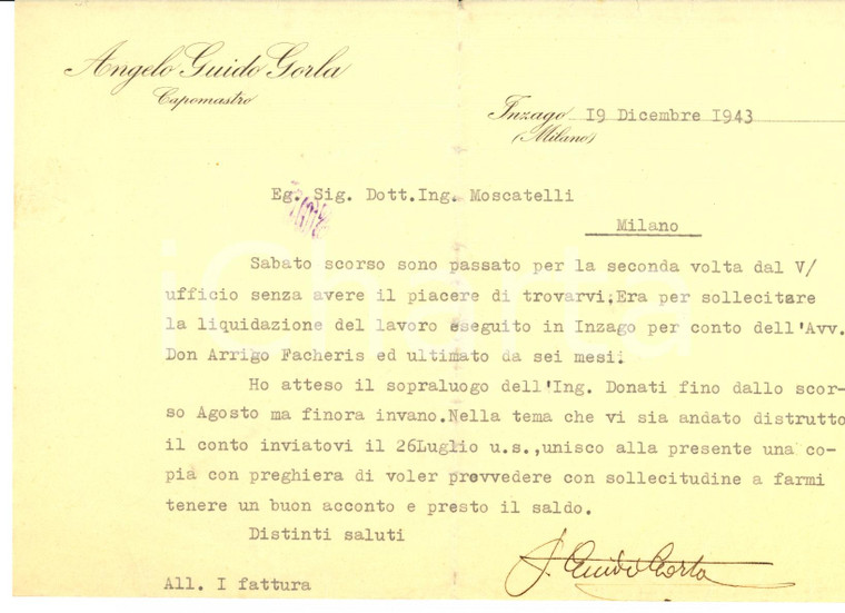 1943 INZAGO (MI) Lettera Angelo Guido GORLA capomastro