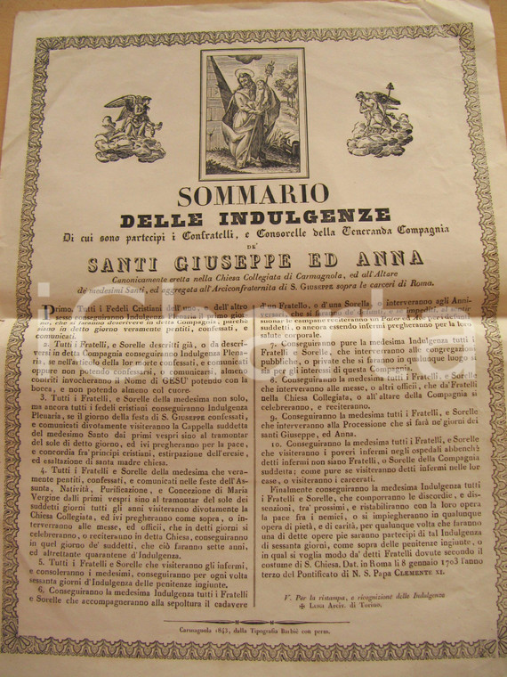 1843 CARMAGNOLA (TO) Confraternita SS. GIUSEPPE e ANNA - Manifestino
