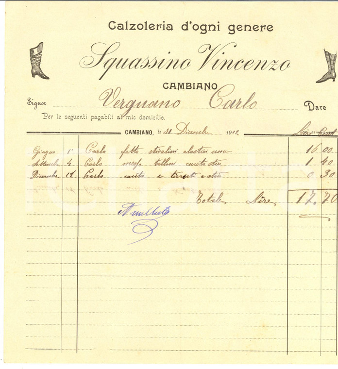 1912 CAMBIANO (TO) Vincenzo SQUASSINO calzoleria varia