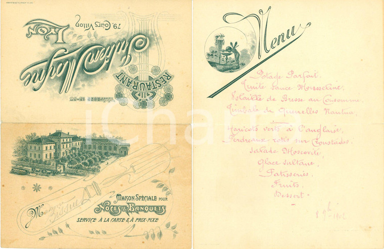 1902 LYON (F) Restaurant JULIEN MOYNE Menù ILLUSTRATO Madame Bissuet