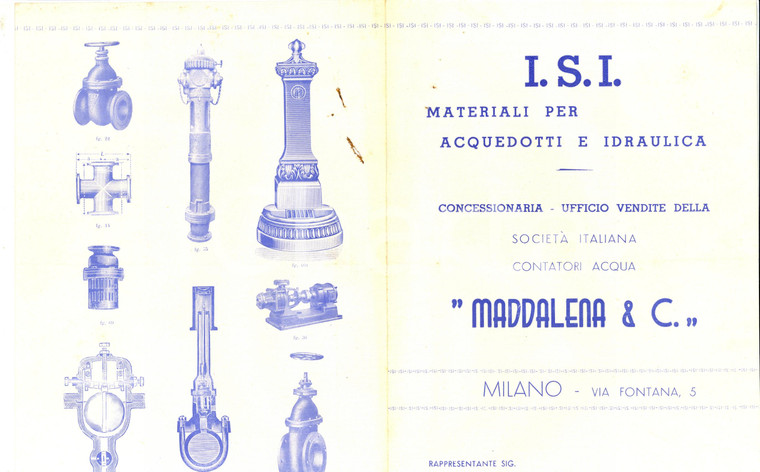 1930 ca MILANO Materiali acquedotti e idraulica I.S.I. Volantino ILLUSTRATO