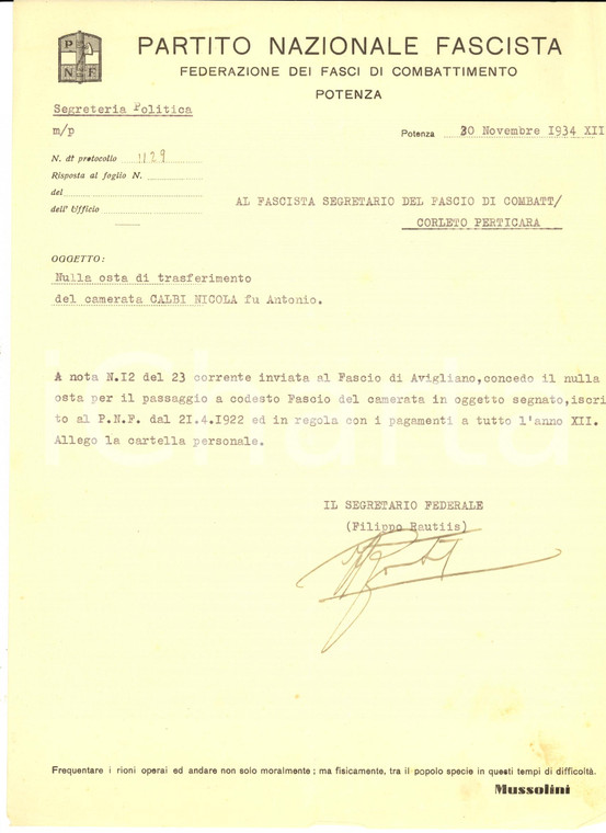 1934 PNF POTENZA Autografo Filippo RAUTIIS su trasferimento Nicola CAMBI