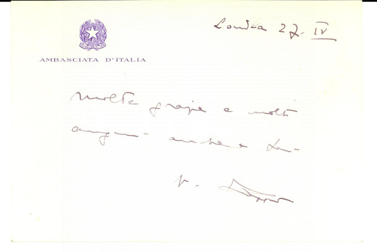 1960 ca LONDON Italian Embassy - Biglietto auguri *Autografo VITTORIO ZOPPI