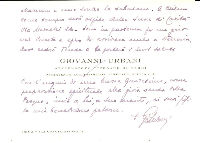 1952 ROMA Mons. Giovanni URBANI annuncia visita a Milano *Autografo