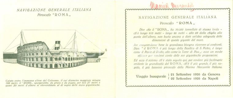 1926 NAVIGAZIONE ITALIANA Viaggio inaugurale piroscafo ROMA *Illustrato