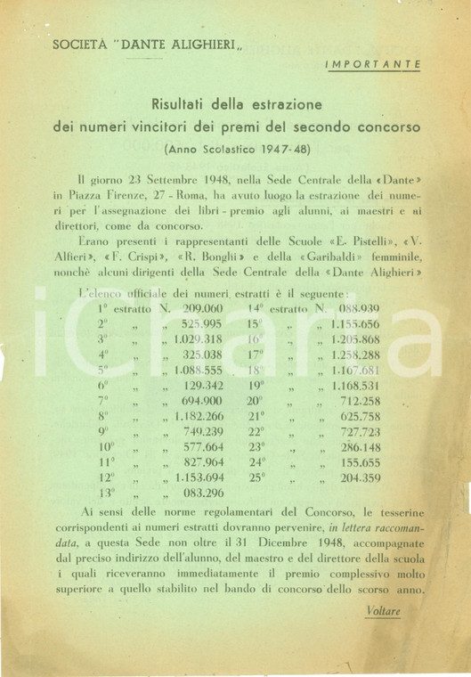 1948 ROMA Società Dante ALIGHIERI estrazione libri-premio per scuole *Volantino