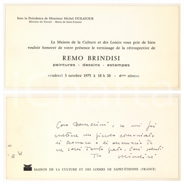 1975 SAINT-ETIENNE (F) Invito a retrospettiva REMO BRINDISI pittore *Autografo