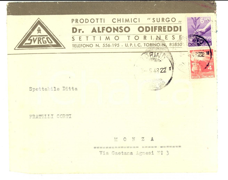 1943 SETTIMO TORINESE Busta prodotti chimici SURGO Dr. Alfonso ODIFREDDI