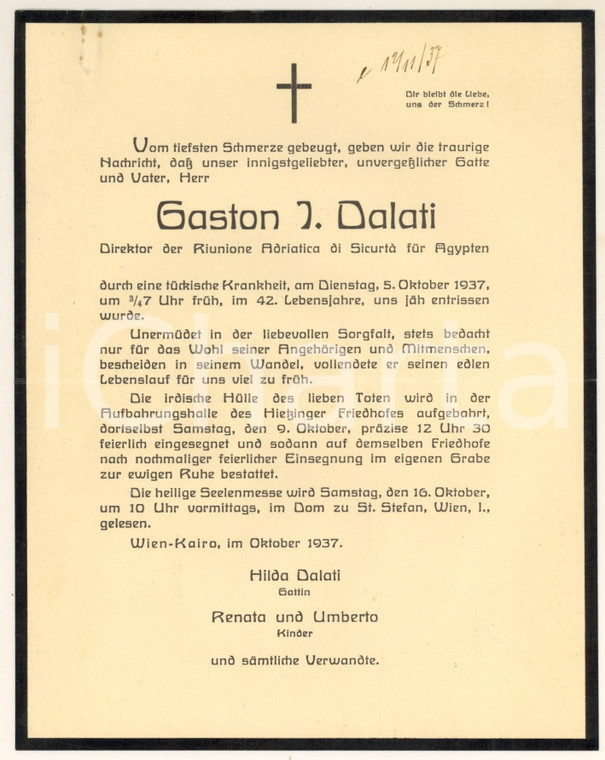 1937 IL CAIRO Annuncio morte Gaston J. DALATI direttore RAS *Manifestino