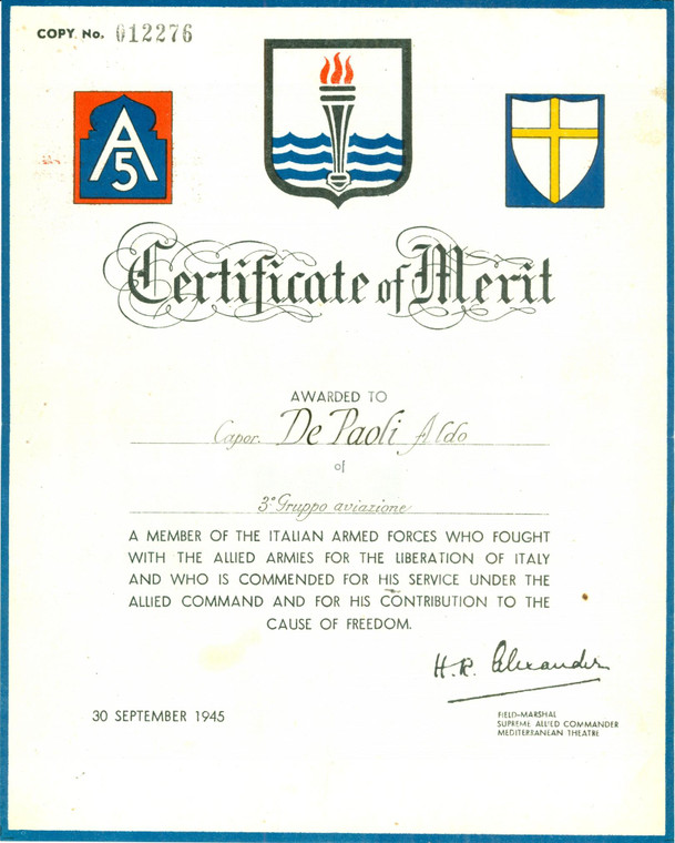 1945 3° GRUPPO AVIAZIONE Certificate of Merit Aldo DE PAOLI Caporale WW2