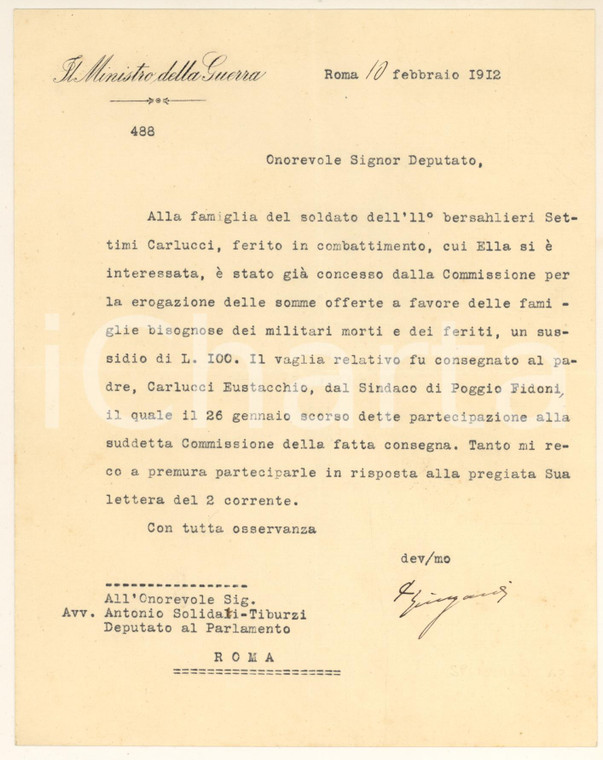 1912 RIETI Sussidi guerra bersagliere Settimo CARLUCCI Autografo Paolo SPINGARDI