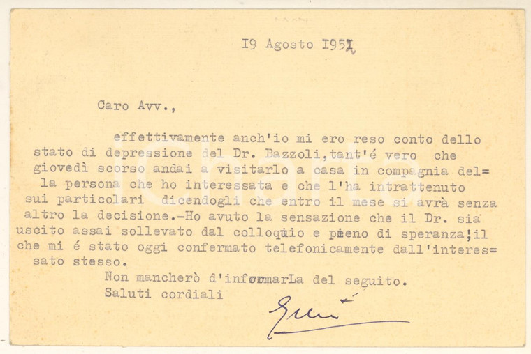 1951 TREVISO Avv. Gustavo VISENTINI su depressione dr. BAZZOLI *Autografo