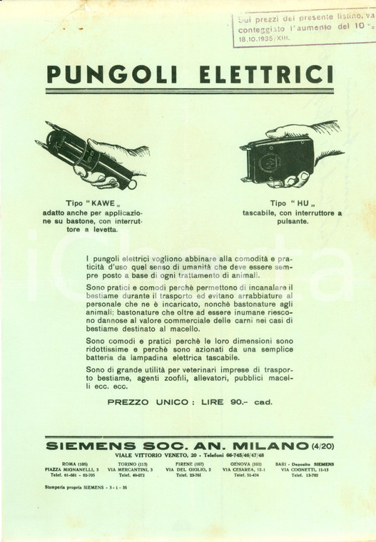 1935 MILANO Pungoli elettrici SIEMENS per guidare bestiame ILLUSTRATO