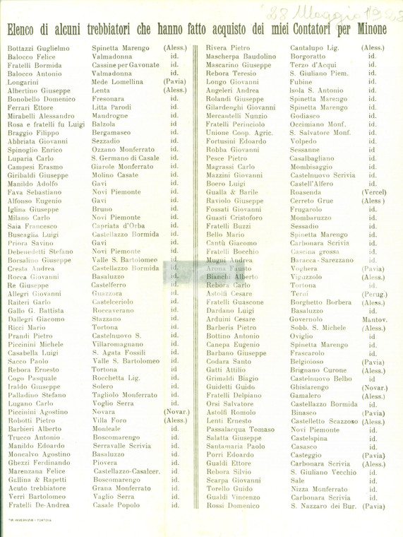 1928 ALESSANDRIA Contatori per Minone trebbiatori campagna alessandrina