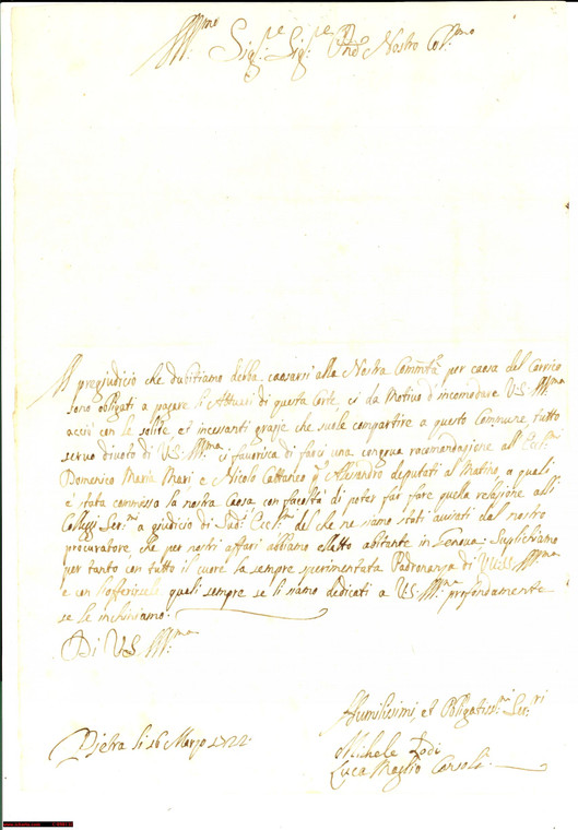 1722 PIETRA LIGURE (SV) Supplica consoli LODI e MAGLIO