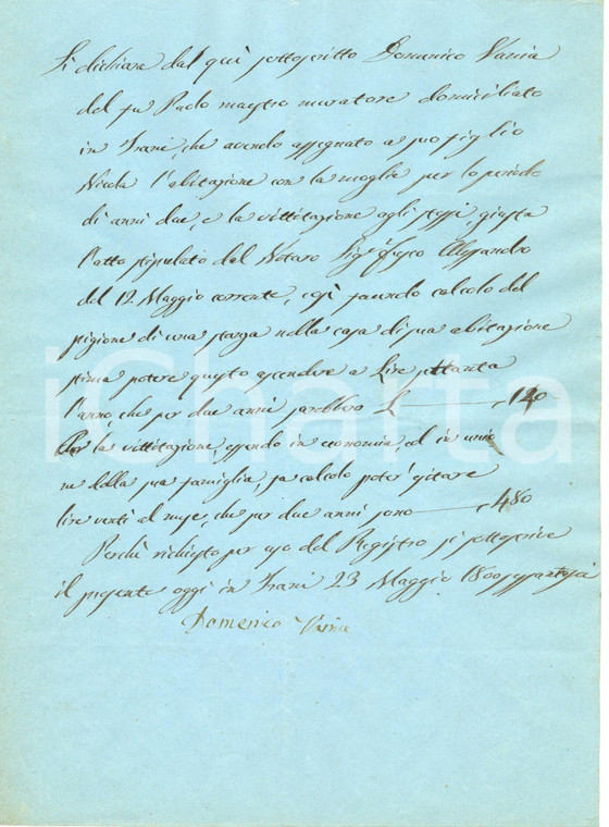 1866 TRANI (BT) Domenico VANIA aumenta l'affitto al figlio Nicola *Manoscritto