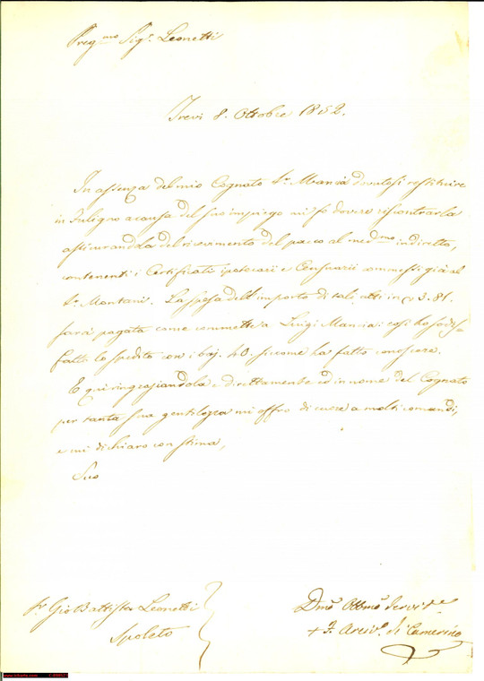 1852 TREVI (PG) Autografo di mons. Felicissimo SALVINI
