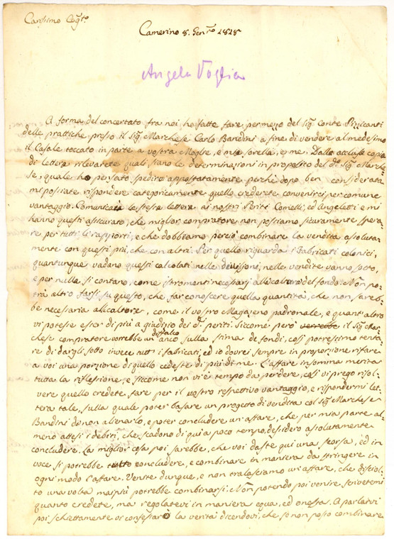 1828 CAMERINO (MC) Angela VOGLIA CHERUBINI vende casale al marchese BARDINI