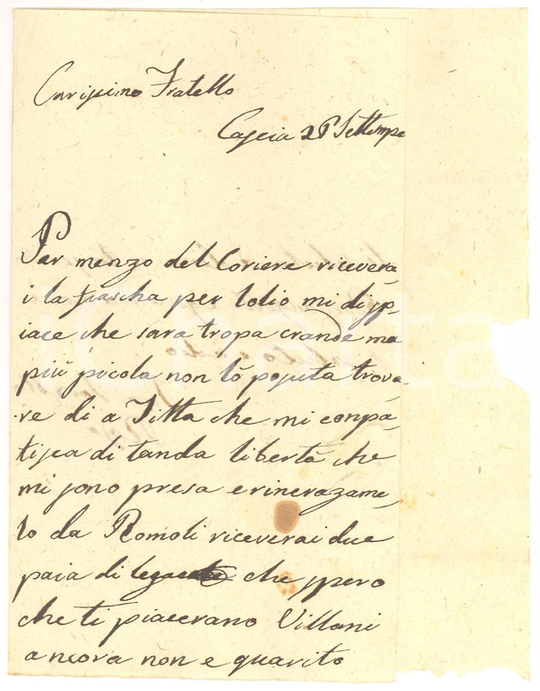 1820 ca CASCIA (PG) Rosa FRANCESCHINI invia fiasca per l'olio al fratello