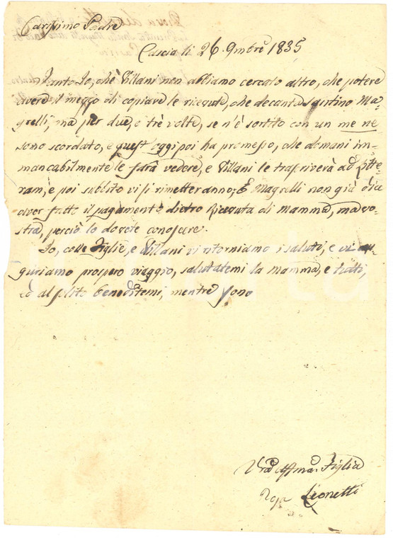 1835 CASCIA (PG) Rosa LEONETTI cerca le decantate ricevute del MAGRELLI