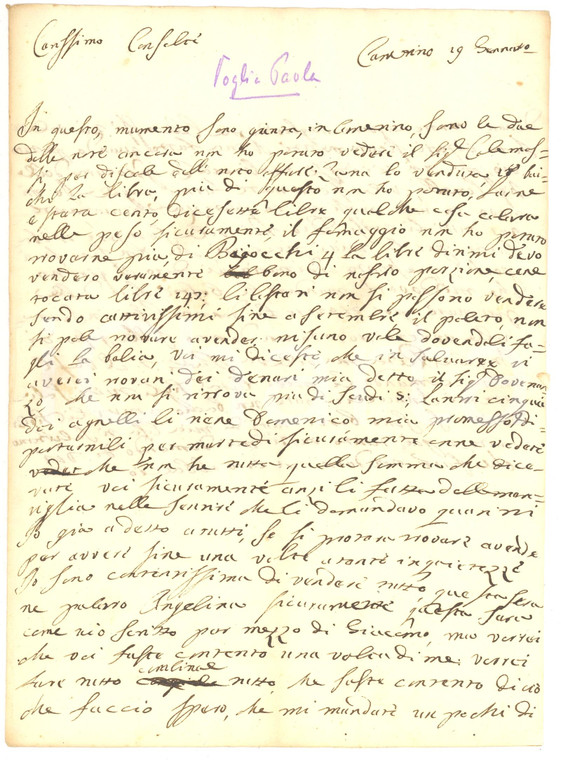 1810 CAMERINO (MC) Paolina CAMBI VOGLIA compra agnelli e formaggio *Lettera
