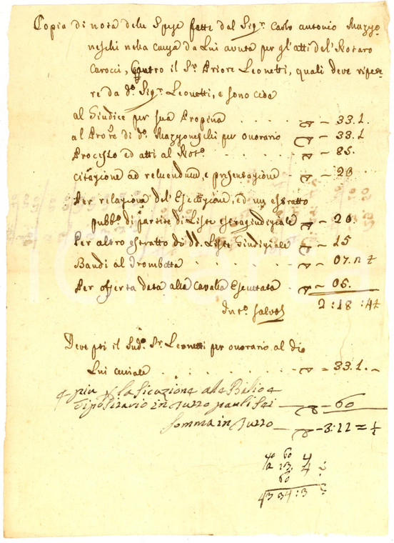 1780 ca SPOLETO (PG) Nota di spese di Carlo Antonio MAZZONESCHI per una causa
