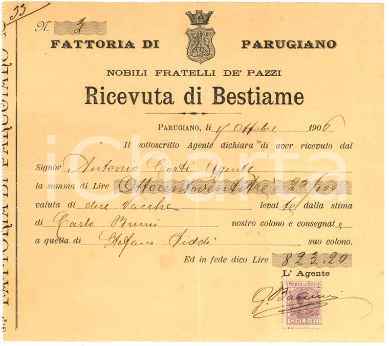 1906 MONTEMURLO PO Ricevuta bestiame Fattoria PARUGIANO