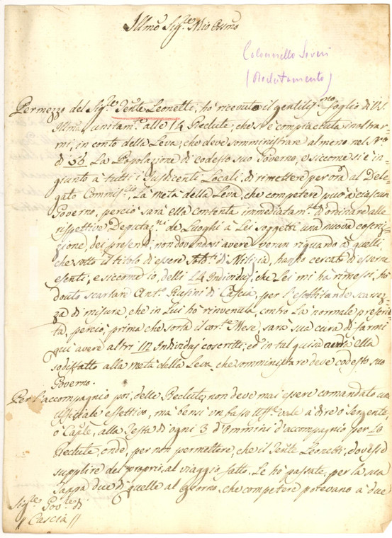 1796 RIETI Nuova coscrizione senza riguardi per nessuno *Autografo col. SEVERI